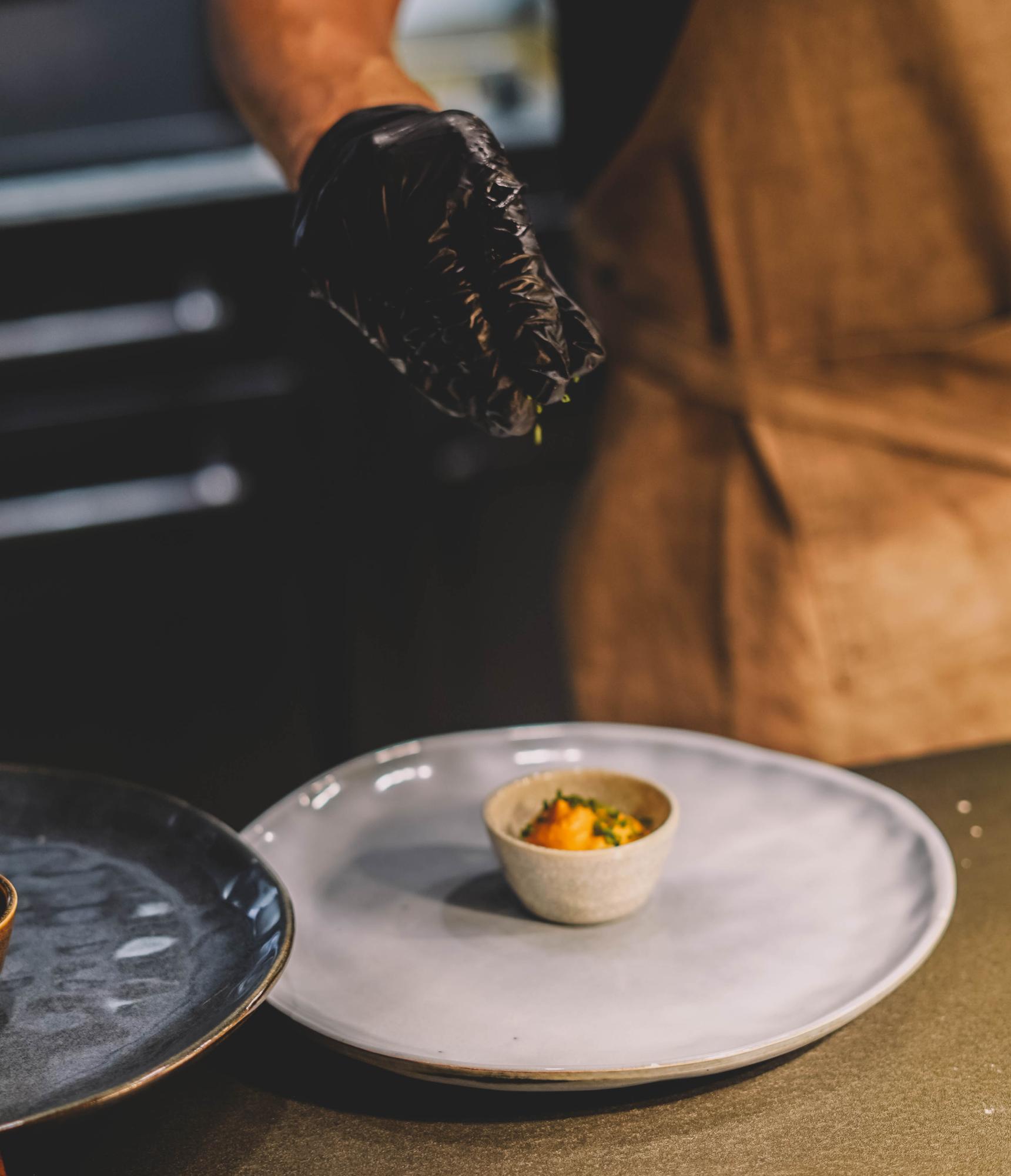 Chef hands preparing plated dish